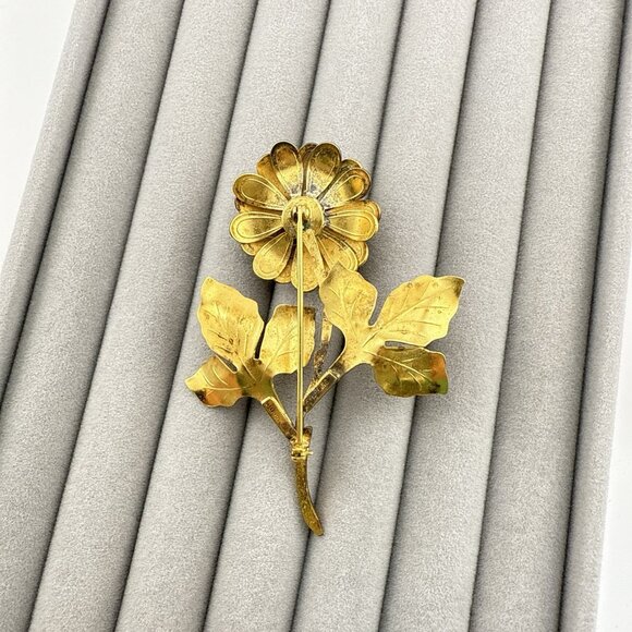 Vendome Brooch Sterling Silver Gold Vermeil Flower Floral Red Signed 3" Pin - Picture 7 of 12